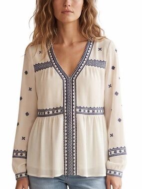 Maette Women’s Cream and Navy Embroidered Peasant Blouse